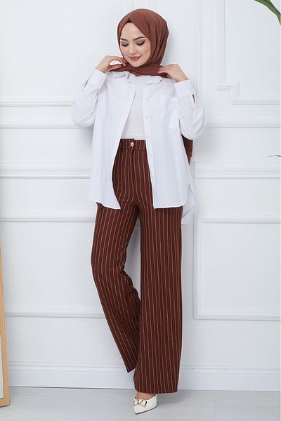hafsamina Wide Leg Striped Crepe Trousers - Brown HM2355
