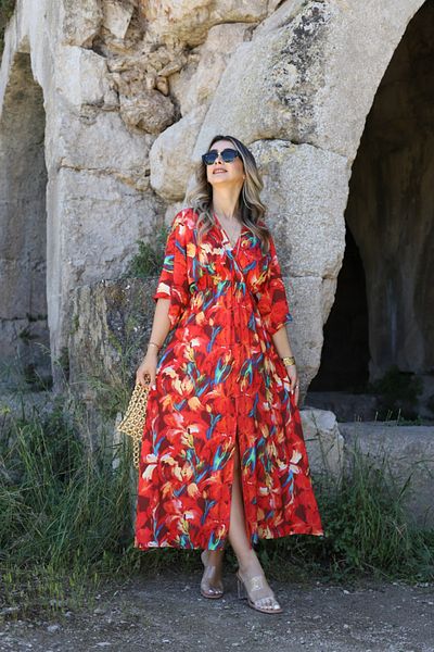 bytugcekaya Red Color Dress with Slit Detail - Bat Sleeve