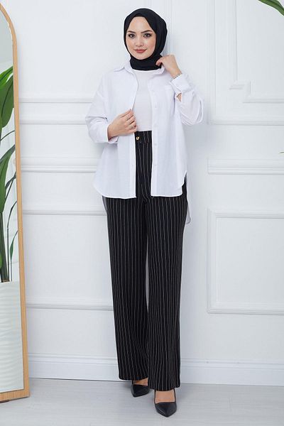 hafsamina Black Striped Pleated Trousers - HM2354
