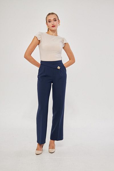 LOVELF Navy Blue Square Button Wide Leg Trousers