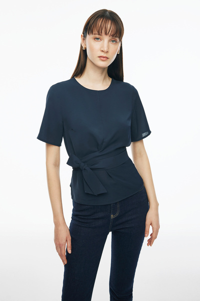 Perspective Elonias Navy Blue Regular Fit Women's Blouse - Zero Sleeve, Crew Neck