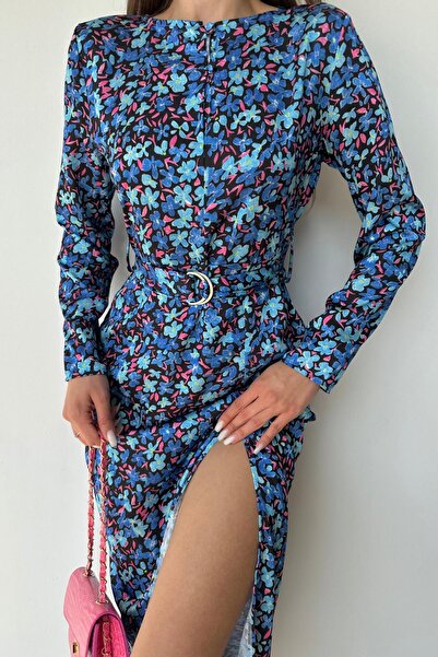 Elbee Fashion Woman Eteği Yırtmaçlı Kemerli Elbise