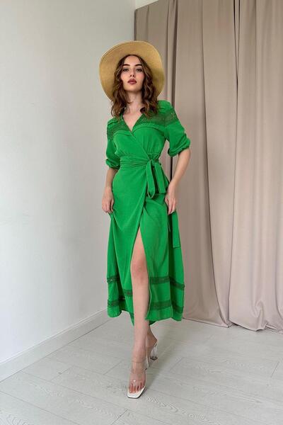 Elbee Fashion Woman Rochie din in cu detaliu din dantela