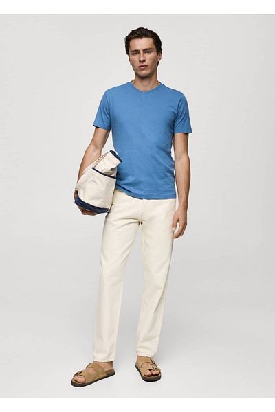MANGO Man Koszulka bawełniana z dekoltem w serek Slim-Fit