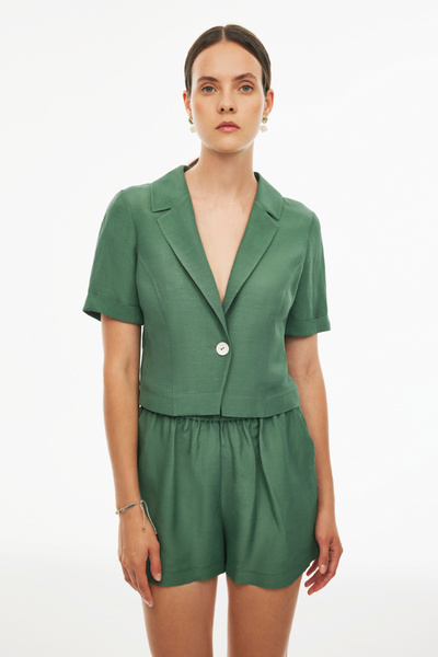 Perspective Happy Regular Fit Short Length Fitted Sleeve Jacket Collar Dark Green Color Women's Jacket