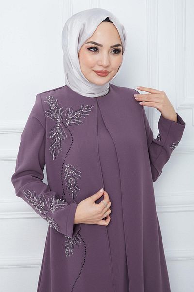 hafsamina Φόρεμα Mother Plus Size με λεπτομέρεια από πέτρα φύλλων - Plum HM2350