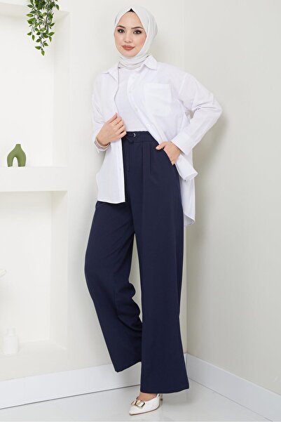 hafsamina Navy Blue Lace-up Trousers - Eyelet Detail HM2431