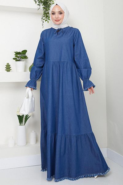 hafsamina Dark Blue Tassel Collar Lace-up Denim Dress - HM2459