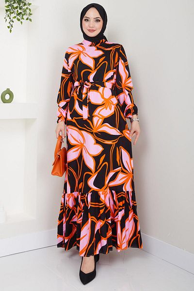 hafsamina Luna Flower Patterned Viscose Dress Black HM2405
