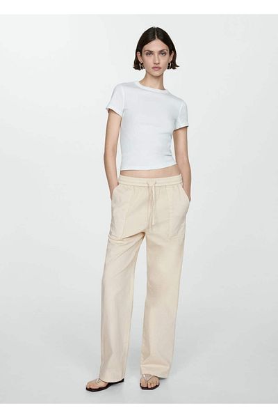 MANGO Woman Elastic Waist Cotton Trousers