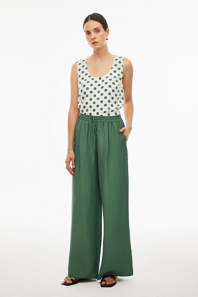 Perspective Dark Green Wide Leg Comfortable Women's Trousers - Happy