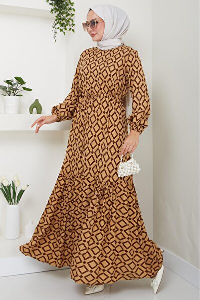 hafsamina Camel Viscose Dress - Diamond Pattern and Waist Laces HM2475
