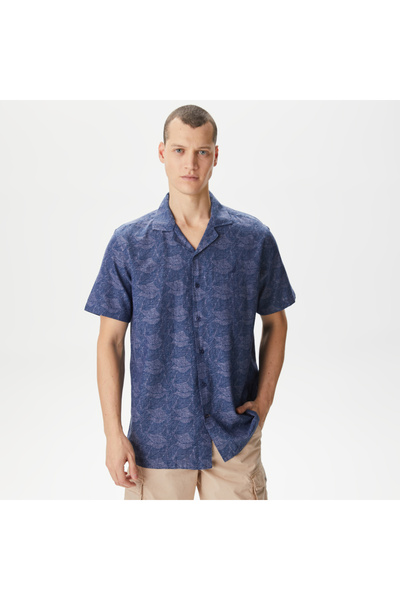 Nautica Erkek Lacivert Classic Fit Kısa Kollu Desenli Keten Gömlek