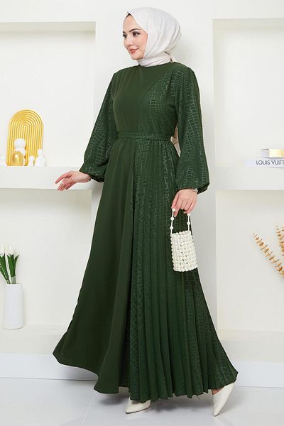 hafsamina Laser Printed Pleated Dress Khaki HM2367