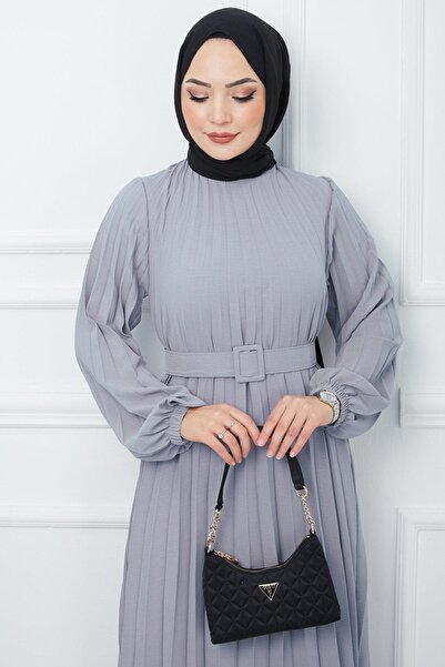 hafsamina Γκρι φόρεμα Aerobin - Ζώνη και πλισέ HM2339