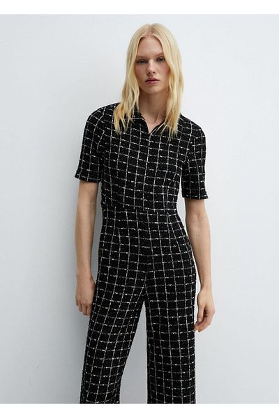 MANGO Woman Salopetă din tweed cu mânecă scurtă