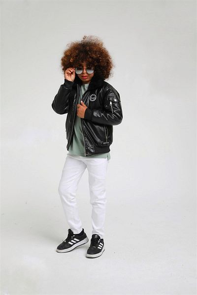 Ugly Duck 08-14 Years Boy Black Color Fur Collar Leather Coat