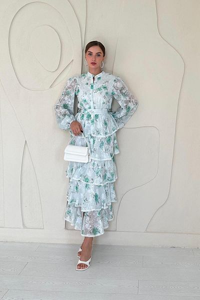 Elbee Fashion Woman Rochie de podea cu dungi verde Valon