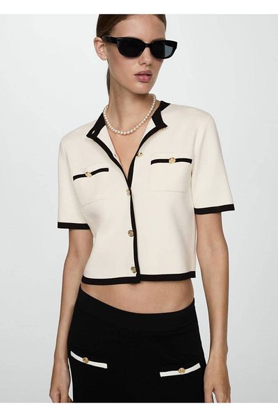 MANGO Woman Short Sleeve Contrast Striped Cardigan