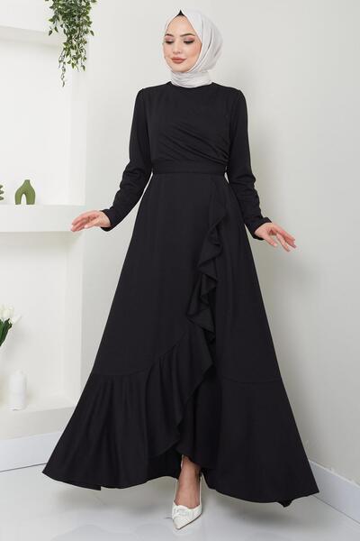 hafsamina Eteği Fırfırlı Drapeli Elbise Siyah HM2419