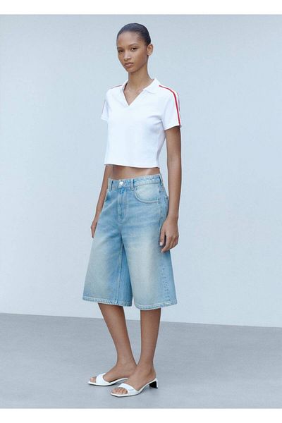 MANGO Woman Contrast Stripe Cotton Polo T-Shirt