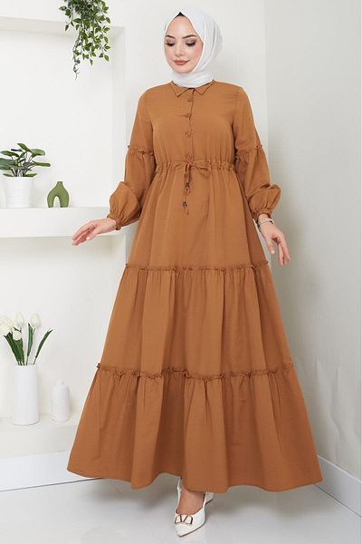 hafsamina Tan Colored Button Detailed Gathered Dress - HM2493