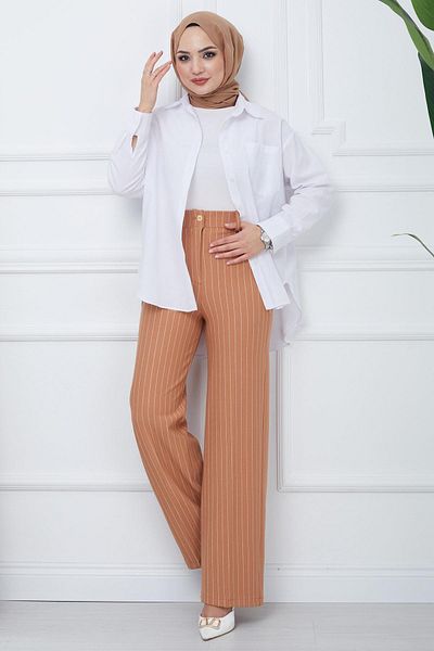 hafsamina Camel Striped Crepe Wide Leg Trousers - HM2355