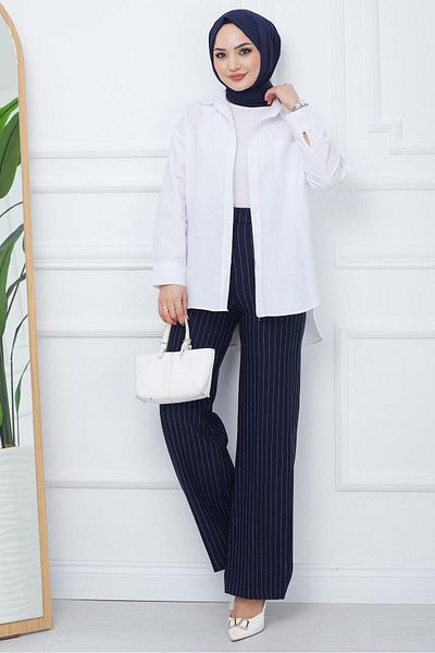 hafsamina Navy Blue Striped Crepe Wide Leg Trousers - HM2355