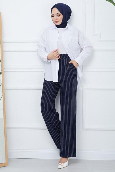hafsamina Navy Blue Striped Pleated Trousers - HM2354