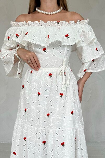 Elbee Fashion Woman Embroidered Dress with Elastic Shoulders