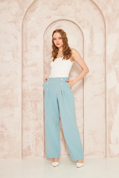LOVELF Mint Green Wide Leg Trousers - Button Detailed