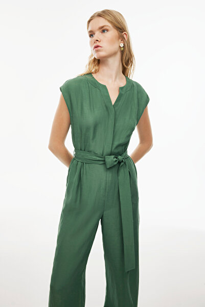 Perspective Dark Green Crew Neck Wide Leg Jumpsuit - Low Sleeve, Regular Fit