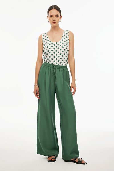 Perspective Dark Green Wide Leg Comfortable Women's Trousers - Happy