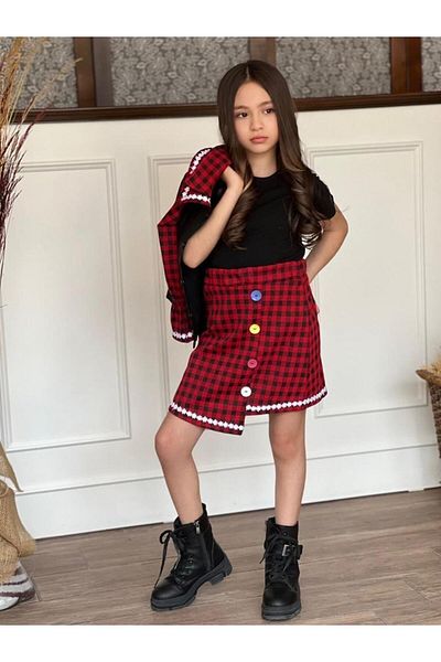 KOKOŞ BEBEK Girl's Skirt and Jacket Set - Button Detailed T-Shirt
