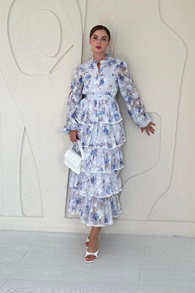 Elbee Fashion Woman Φόρεμα με μπλε βολάν και ριγέ στρώσεις