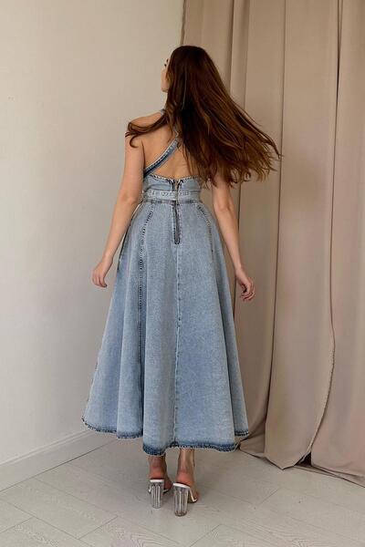 Elbee Fashion Woman Rochie din denim cu bandă de lungime midi Snow Wash