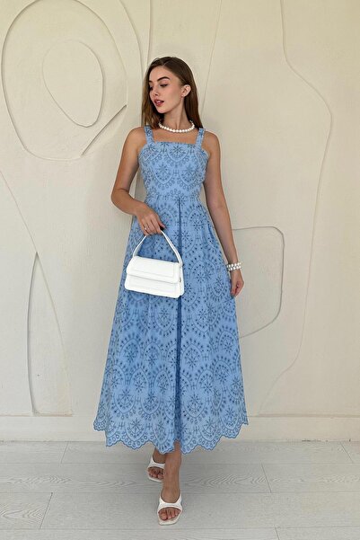 Elbee Fashion Woman Φόρεμα Blue Brode με κρεμαστή συσκευή