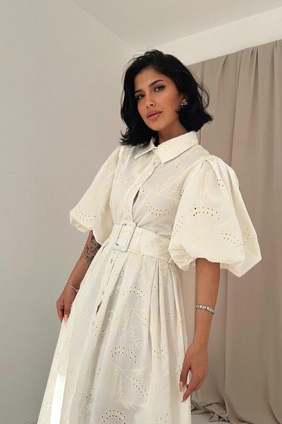 Elbee Fashion Woman Ecru Balloon Sleeve Pleated Dress