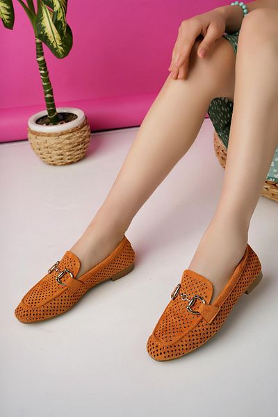 MUGGO Laser Cut Breathable Leather Women's Loafer with Metal Buckle