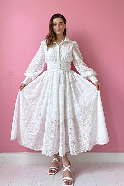 Elbee Fashion Woman Ecru brodat curea li broderie perforată Rochie