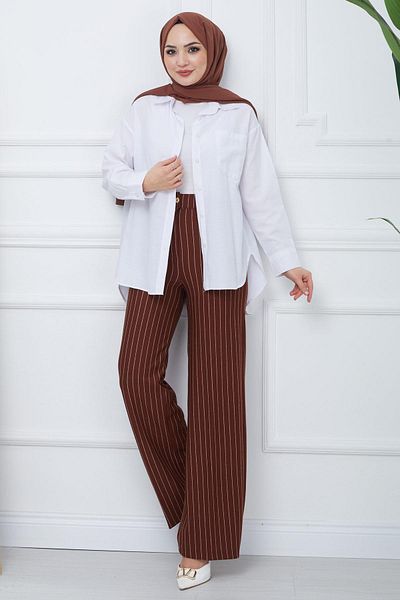 hafsamina Wide Leg Striped Crepe Trousers - Brown HM2355