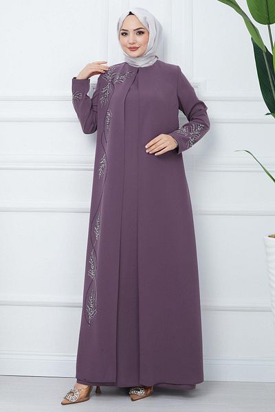 hafsamina Φόρεμα Mother Plus Size με λεπτομέρεια από πέτρα φύλλων - Plum HM2350