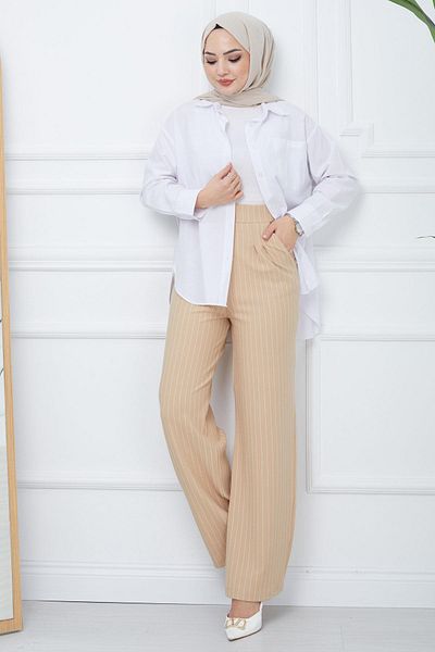 hafsamina Beige Colored Pleated Striped Trousers - HM2354