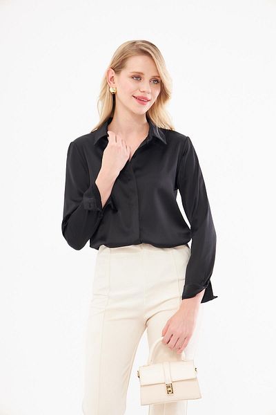 LOVELF Cămașă clasică din satin negru