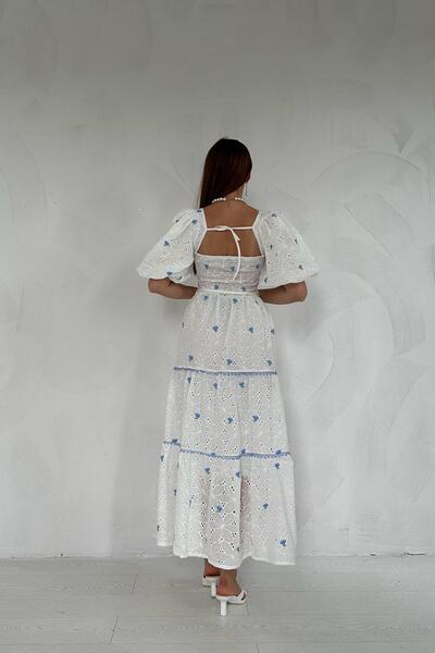 Elbee Fashion Woman Μπλε Κέντημα Φόρεμα - Δαντέλα Λεπτομέρεια