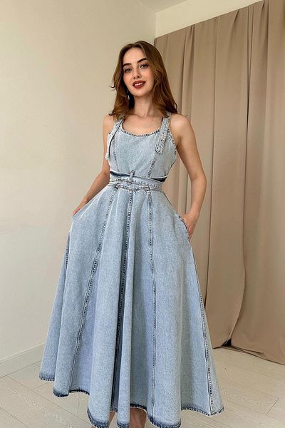 Elbee Fashion Woman Rochie din denim cu bandă de lungime midi Snow Wash