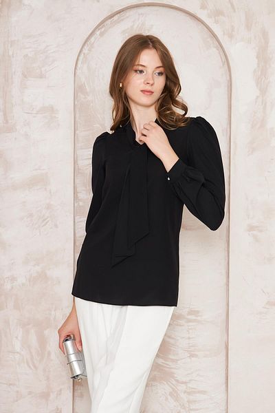 LOVELF Black Shirt - Gathered Sleeve and Scarf Design