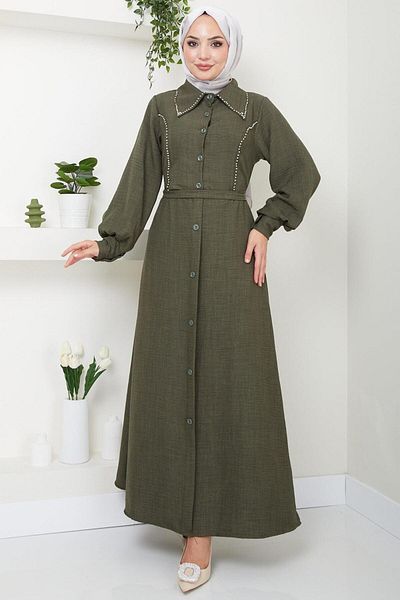 hafsamina Χακί Φόρεμα Sofia Beaded - HM2476
