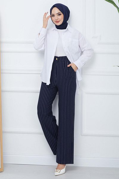hafsamina Navy Blue Striped Pleated Trousers - HM2354