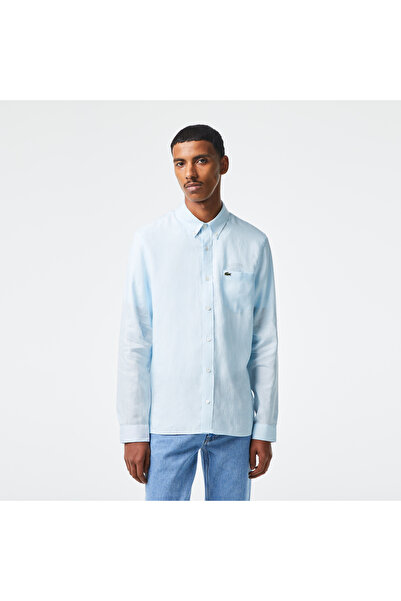 Lacoste Erkek Regular Fit Düğmeli Yaka Keten Açık Mavi Gömlek